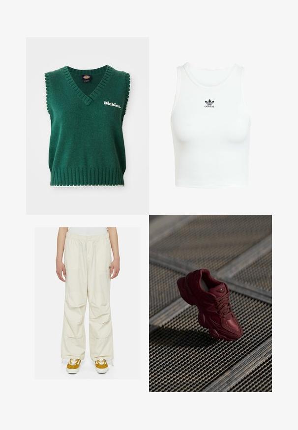 Zelená bezsložková pletená vesta s výstřihem do V, žebrovanými okraji, bílým lemem a logem "Dickies" na hrudi.; Bílý bavlněný tílko s úzkým žebrovaným vzorem, kulatým výstřihem a všitou černou výšivkou loga Adidas na přední straně.; Krémové cargo kalhoty s volným střihem, elastickým pasem a několika kapsami. Na bílém pozadí je obuty s hnědými a bílými teniskami.; Burgundské tenisky s texturovaným svrškem, šněrováním a výraznými konturami podrážky. Obsahují logo a bezšvové akcenty ze syntetického materiálu.