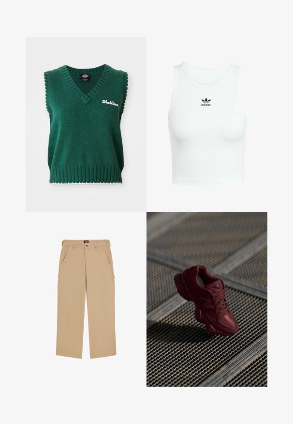 Gilet lavorato a maglia senza maniche verde con scollatura a V, bordi a costine, rifinitura bianca e logo "Dickies" sul petto.; Canotta bianca in cotone con una texture a coste aderente, scollatura rotonda e logo Adidas ricamato in nero sul davanti.; Pantaloni cargo beige con vestibilità regular, dotati di tasche laterali e chiusura con bottone. Realizzati in tessuto leggero, offrono versatilità e comfort.; Sneaker bordeaux con una toma superiore testurizzata, design con lacci e contorni della suola pronunciati. Presenta un logo e accenti in materiale sintetico senza cuciture.
