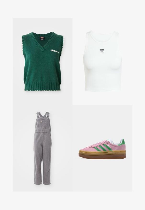 Zeleni bezrukavni pleteni prsluk s V-izrezom, rebrastim rubovima, bijelim obrubom i "Dickies" logotipom na prsima.; Bjela pamučna majica bez rukava s uskim rebrastim uzorkom, okruglim izrezom i izvezenim crnim Adidas logotipom sprijeda.; Sive traperice na bretele s podesivim naramenicama, prednjim džepom i opuštenim krojem. Ima ravne nogavice i jednoliku boju kroz cijelu šu.; Roze suede tenisice s zelenim trakama, bijelim detaljima i smešnim gumiranim potplatima. Imaju teksturirani materijal i logo detalje sa strane.