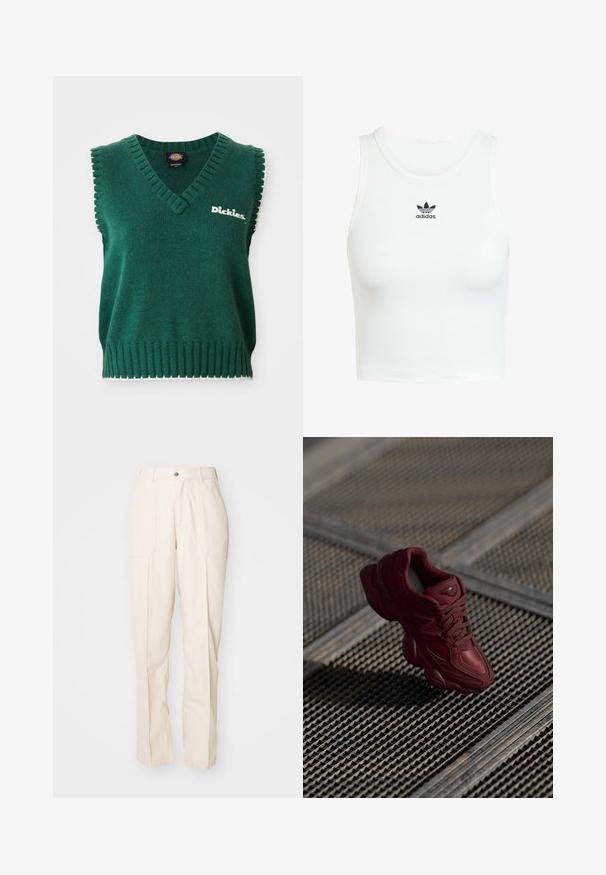 Zeleni bezrukavni pleteni prsluk s V-izrezom, rebrastim rubovima, bijelim obrubom i "Dickies" logotipom na prsima.; Bjela pamučna majica bez rukava s uskim rebrastim uzorkom, okruglim izrezom i izvezenim crnim Adidas logotipom sprijeda.; Bež hlače ravnog kroja izrađene od mješavine pamuka. Imaju dva prednja džepa, kopčanje na gumb i vidljive detalje šivanja.; Burgundske tenisice s teksturiranim gornjim dijelom, dizajnom s vezicama i izraženim konturama potplata. Sadrže znak i bešavne akcentne dijelove od sintetičkog materijala.