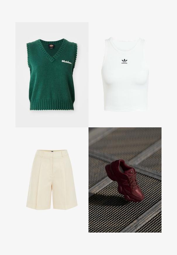 Grüner ärmelloser Strickpullover mit V-Ausschnitt, gerippten Kanten, weißem Saum und "Dickies"-Logo auf der Brust.; Weißes Baumwoll-Tanktop mit einer enganliegenden Rippenstruktur, rundem Halsausschnitt und gesticktem schwarzem Adidas-Logo auf der Vorderseite.; Beige, gefaltete Shorts mit einem maßgeschneiderten Design, das eine glatte Textur und seitliche Taschen aufweist. Sie sind oberhalb des Knies geschnitten und bieten eine entspannte Passform.; Burgunderfarbene Sneakers mit strukturiertem Obermaterial, Schnürdesign und ausgeprägten Sohlensch Conturen. Mit Logo und nahtlosen Akzenten aus synthetischem Material.