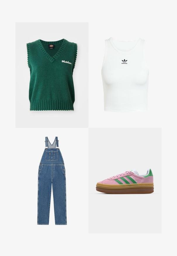 Green sleeveless knit vest with V-neck, ribbed edges, white trim, and "Dickies" logo on the chest.; White cotton tank top with a fitted ribbed texture, round neckline, and embroidered black Adidas logo on the front.; Denim overalls with adjustable straps, V-shaped bib, front pocket, and side pockets. Features a classic blue color and contrast stitching.; Pink suede sneakers with green stripes, white accents, and a brown rubber sole. Features textured fabric and logo detailing on the side.