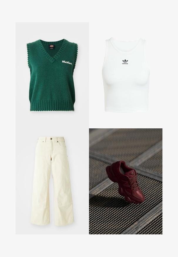 Zöld ujjatlan kötött mellény V-nyakkal, bordás szélekkel, fehér díszítéssel és "Dickies" logóval a mellkason.; Fehér pamut ujjatlan póló, testhezálló bordázott textúrával, kerek nyakkivágással és hímezett fekete Adidas logóval az elülső részen.; Beige széles lábú nadrág, pamutból készült, magas derékkal, nagy első zsebekkel és sima felülettel, minimális varrási részletekkel.; Burgundi színű sportcipő, texturált felülettel, fűzős kialakítással és hangsúlyos talpreszekkel. Logóval és zökkenőmentes szintetikus anyag betétekkel rendelkezik.