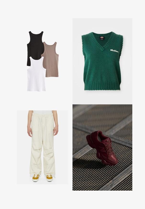 Zielony bezrękawnik z dzianiny, z dekoltem w kształcie litery V, prążkowanymi brzegami, białym wykończeniem i logo "Dickies" na piersi.; Trzy topy bez rękawów w kolorach czarnym, białym i taupe. Każdy ma prążkowaną strukturę, dekolt w serek i nie zawiera żadnych zdobień.; Kremowe spodnie cargo w luźnym kroju, z elastycznym pasem i wieloma kieszeniami. Noszone z brązowymi i białymi sneakersami na białym tle.; Burgundowe sneakersy z teksturowaną cholewką, sznurowanym zapięciem i wyraźnymi konturami podeszwy. Posiadają logo oraz akcenty z jednolitego materiału syntetycznego.