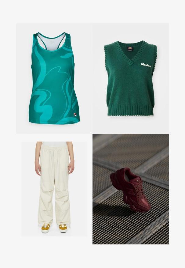 Green sleeveless knit vest with V-neck, ribbed edges, white trim, and "Dickies" logo on the chest.; Teal racerback tank top with abstract darker teal swirl patterns and a small FILA logo on the lower left front hem.; Cream-colored cargo pants with a loose fit, elastic waist, and multiple pockets. Worn with brown and white sneakers on a white background.; Burgundy sneaker with a textured upper, lace-up design, and pronounced sole contours. Features logo and seamless synthetic material accents.