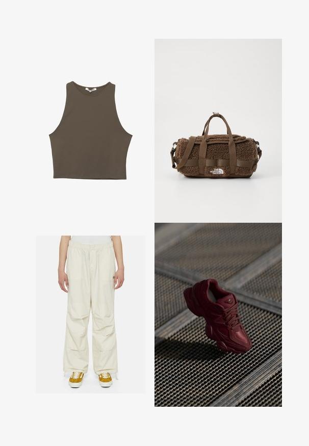 Zelena brezrokavnica iz pletenine z V-izrezom, rebrastimi robovi, belim obrobjem in logotipom "Dickies" na prsih.; Rjava brezrokavna kratka majica s krožnim ovratnikom, izdelana iz gladkega materiala, ki se ponaša s preprostim, prilegajočim dizajnom in čistimi robovi.; Kremaste cargo hlače z ohlapenim krojem, elastičnim pasom in več žepi. Obute z rjavimi in belimi teniskami na belem ozadju.; Burgundske superge z teksturirano zgornjo površino, z vezalkami in izrazitimi konturi podplata. Vsebuje logotip in brezšivne sintetične materiale.; Rjava torba iz blaga z teksturo in puhastimi vlakni, z urobnimi trakovi, logotipom in zadrgo. Ima snemljiv naramni trak.