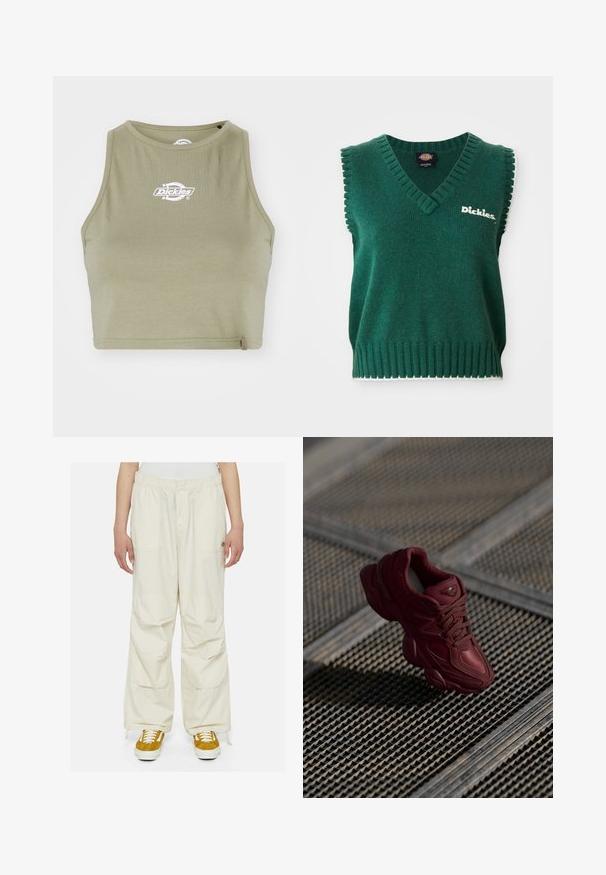 Zelena brezrokavnica iz pletenine z V-izrezom, rebrastimi robovi, belim obrobjem in logotipom "Dickies" na prsih.; Dickies POWERS - Top - imperial green; Kremaste cargo hlače z ohlapenim krojem, elastičnim pasom in več žepi. Obute z rjavimi in belimi teniskami na belem ozadju.; Burgundske superge z teksturirano zgornjo površino, z vezalkami in izrazitimi konturi podplata. Vsebuje logotip in brezšivne sintetične materiale.