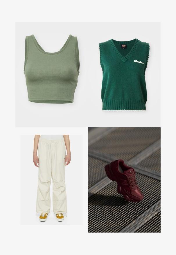 Colete de malha verde sem mangas com decote em V, bordas caneladas, acabamentos brancos e logotipo "Dickies" no peito.; Top cropped em verde-oliva feito de tecido canelado, com decote em forma de U e alças largas.; Calças cargo de cor creme com ajuste solto, cintura elástica e múltiplos bolsos. Usadas com ténis castanhos e brancos sobre um fundo branco.; Sapatilhas burgundy com um acabamento texturizado, design de atacadores e contornos de sola pronunciados. Apresenta logótipos e detalhes em material sintético sem emendas.