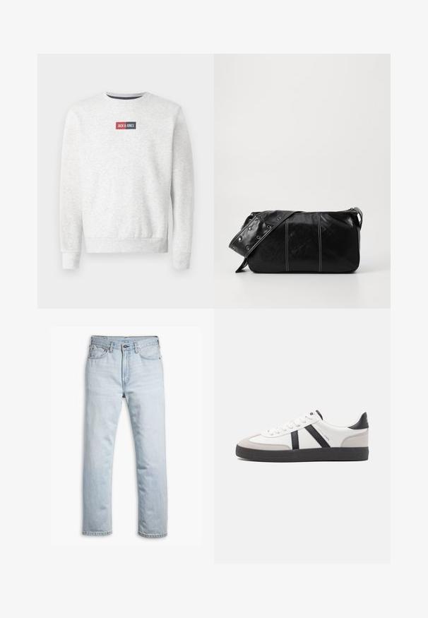 Gray sweatshirt with a round neck, ribbed cuffs and hem, featuring a red and navy rectangular logo patch at the chest. Soft fabric texture.; Light blue denim jeans with a straight cut, featuring five pockets, brass hardware, and a classic button and zipper closure.; White sneaker with black and gray accents, featuring a textured gray toe cap, black rubber sole, and flat white laces. Clean design, minimalist style.; Black leather shoulder bag with a zip closure, featuring a textured body, white stitching, and a strap with silver grommets.