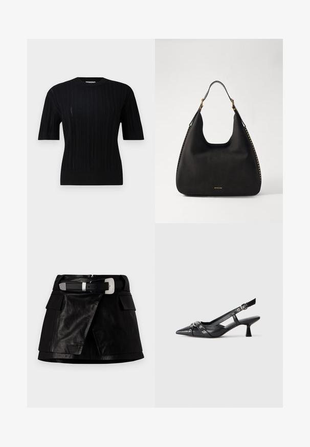 Filippa K BRAID - Pulóver - black; Fekete bőrszoknya öves derékkal, ezüst csattal, elülső zsebekkel és aszimmetrikus szabással. Simább textúra és elegáns dizájn.; Fekete bőr slingback cipő hegyes orral, dekoratív pántokkal, fém szemekkel és alacsony blokk sarkú. Texturált felület.; MICHAEL Michael Kors NOLITA HOBO  - Kézitáska - black