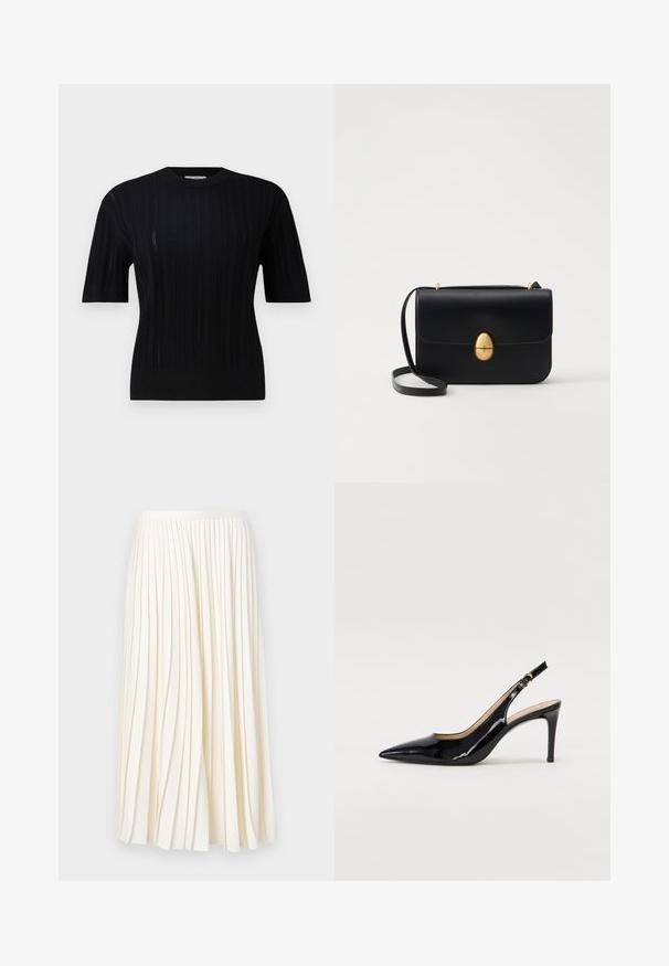 Filippa K BRAID - Džemper - black; Valge volditud seelik kõrge vöökoha ja kergest kangast. Omab vertikaalseid voldikesi ja sileda tekstuuri. Nähtavaid kinnitusdetailide või aksessuaarideta.; Must hõbedavärvi patendiga slingback kontsakingad terava varbaga, kitsas konts ja peene lõikega disain. Statistika on kuldne pandla rihmal.; Must kase nahast käekott, millel on struktureeritud ristkülikukujuline kuju. Omab kuldset ovaalset lukku ja õhukest õlavarre rihma. Sile tekstuur.