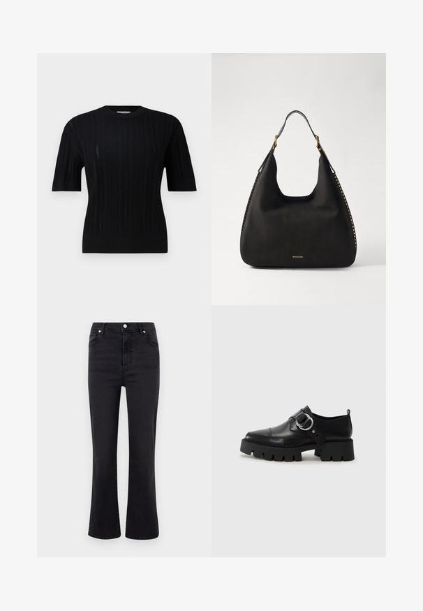 Filippa K BRAID - Džemper - black; Mustast kõrge vöökohtaga flared teksad, valmistatud denimist. Omab esi-taskuid, nööbikinnitust ja sujuvat tekstuuri.; Mustad musta naha jalanõud, millel on jäme ribaga tallad, ringikujuline hõbedane detail ja minimaalne õmblusdetail.; MICHAEL Michael Kors NOLITA HOBO  - Käekott - black