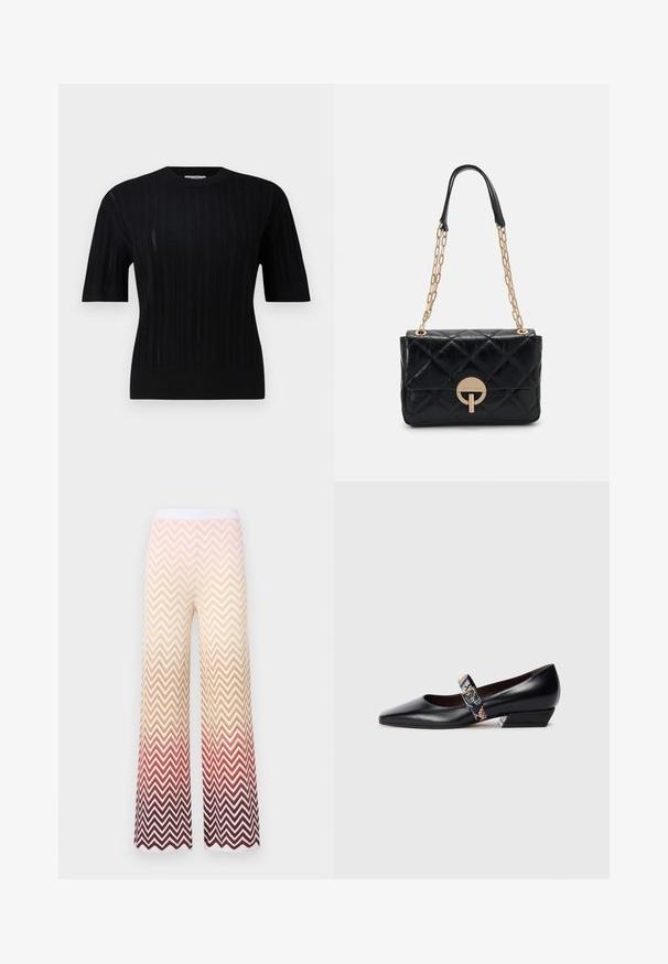 Filippa K BRAID - Pulóver - black; Széles lábú, kötött nadrág zig-zag chevron mintával, amely krémszínűből narancssárgába, majd mélypirosba megy át, fehér gumis derékkal.; Fekete bőr magassarkú cipők hegyes orral, színes pánttal és aranyszínű hardverrel. Alacsony, szögletes tömbsarok.; Fekete steppelt bőr kézitáska arany lánc pánttal, kerek zár részlettel. Kompakt, téglalap alakú, sima felülettel.