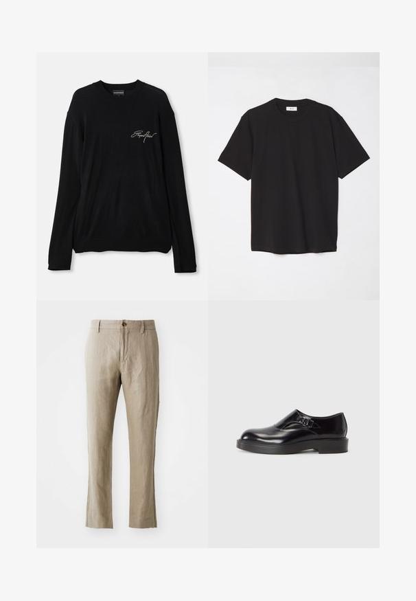 Pull-over noir à manches longues en coton. Il présente un col rond côtelé, des poignets et un ourlet côtelés, avec un petit logo brodé sur la poitrine.; T-shirt en coton noir avec un col ras du cou, des manches courtes et une coupe décontractée. Design simple, texture lisse, sans motifs ni logos visibles.; Pantalons en lin beige à coupe droite, avec une fermeture à bouton à l'avant et une texture lisse. Sans motifs ni accents visibles.; Chaussure en cuir noir avec un bout arrondi, un petit talon noir et une sangle décorative. Texture lisse avec une finition brillante.