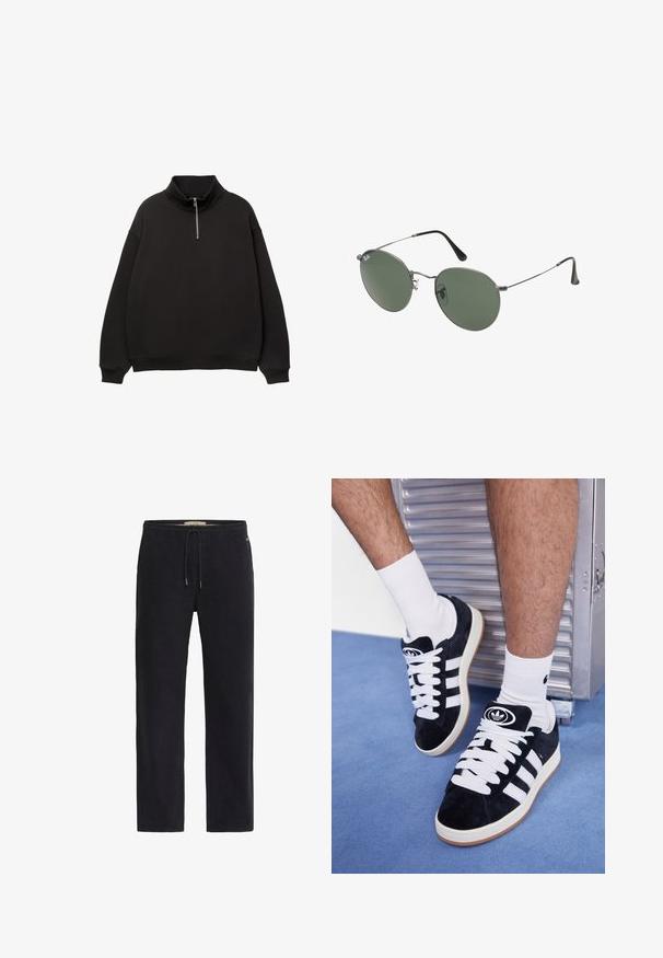 Fekete pulóver kapucnival és negyed hosszúságú cipzárral. La loose fit szabású, hosszú ujjú, bordás mandzsetta és hem részletekkel rendelkezik.; Fekete pamut melegítőnadrág, gumis derékkal és húzózsinórral. Egyenes lábszárú kialakítás, minimális varrással és látható zsebek nélkül.; Fekete velúr sportcipők fehér fűzőkkel és három fehér csíkkal. A nyelvén egy kör alakú fekete logó található, valamint egy gumis talp.; Fémkeretes napszemüveg ovális zöld lencsékkel. Vékony ezüst színű fémkeret és fekete fülrész. Minimalista dizájn, látható logók nélkül.