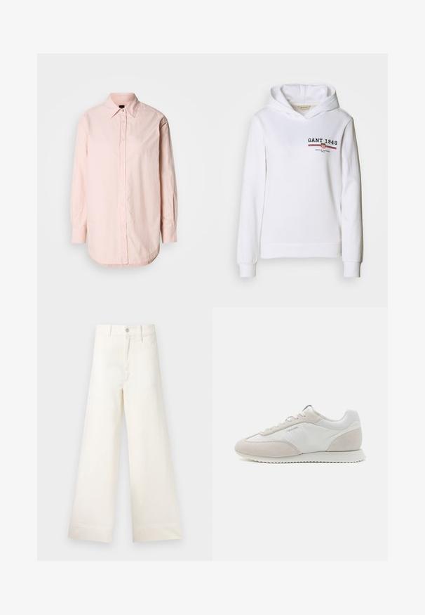 Bílá mikina s kapucí z měkké látky, s předním logem "GANT 1949" a červenými/modrými pruhy, s dlouhými rukávy a stahovací kapucí.; Světle růžová košile na knoflíky s špičatým límcem, dlouhými rukávy a zakřiveným lemem. Obsahuje jemnou texturu a malý vyšívaný detail.; Kalhoty s širokými nohavicemi v světle béžové bavlně. Mají vysoký pas, přední kapsy a rovný střih. Čistý lem bez vzorů.; Světle barevné tenisky s kombinací bílé kůže a béžové semišové kůže, s texturovanou podrážkou a minimálním brandingem po straně.