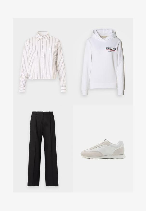 Biela mikina vyrobená z mäkkého materiálu, s predným logom "GANT 1949" a červenobielymi prúžkami, s dlhými rukávmi a kapucňou so šnúrkou.; Pruhovaná košeľa s button-up zapínaním v bielej farbe s tenkými hnedými pruhmi. Má špicatý golier, dlhé rukávy a náprsné vrecko. Skraťená dĺžka.; Čierne upravené nohavice s rovno strihanými nohavicami, vybavené ostrými záhybmi a hladkou textúrou. Vyrobené z ľahkého materiálu.; Svetlé tenisky s kombináciou bielej kože a béžovej semišovej látky, s textúrovanou podrážkou a minimálnym brandingom na strane.