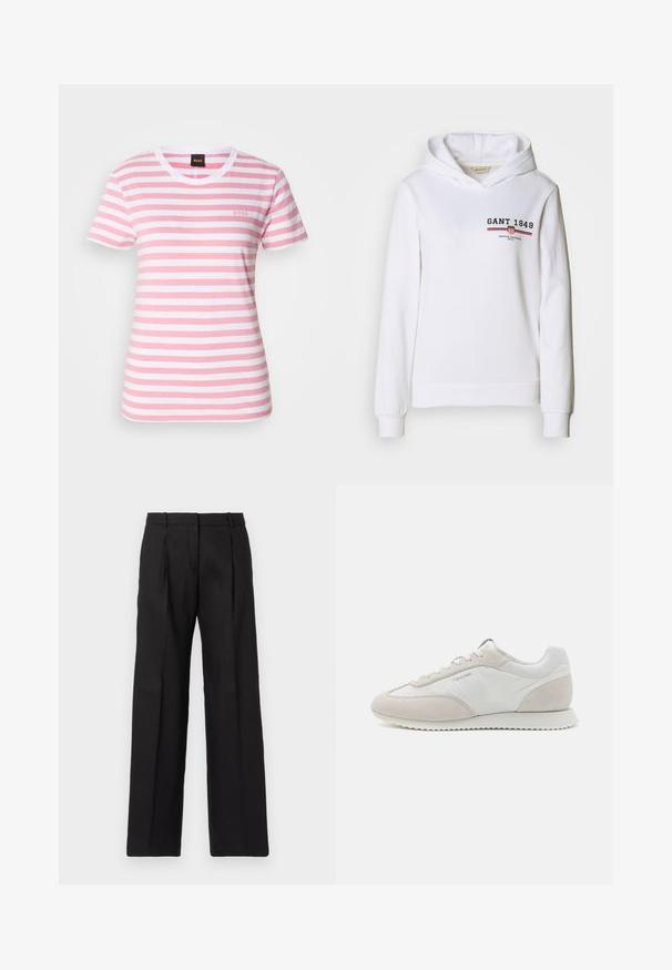 Λευκή hoodie φτιαγμένη από μαλακό ύφασμα, με λογότυπο μπροστά που λέει "GANT 1949" και κόκκινες/μπλε ρίγες, με μακριά μανίκια και κουκούλα με κορδόνι.; Ριγέ μπλούζα σε ανοιχτό ροζ και λευκό, κοντά μανίκια, στρογγυλή λαιμόκοψη, φτιαγμένη από βαμβάκι, με ένα διακριτικό λογότυπο στο στήθος.; Μαύρο κομμένο παντελόνι με ίσια γραμμή, με κοφτές πιέτες και λεία υφή. Κατασκευασμένο από ελαφρύ ύφασμα.; Απαλά χρωματισμένα αθλητικά παπούτσια που συνδυάζουν λευκό δέρμα και μπεζ σουέντ, με υφασμάτινη σόλα και ελάχιστη σήμανση στο πλάι.