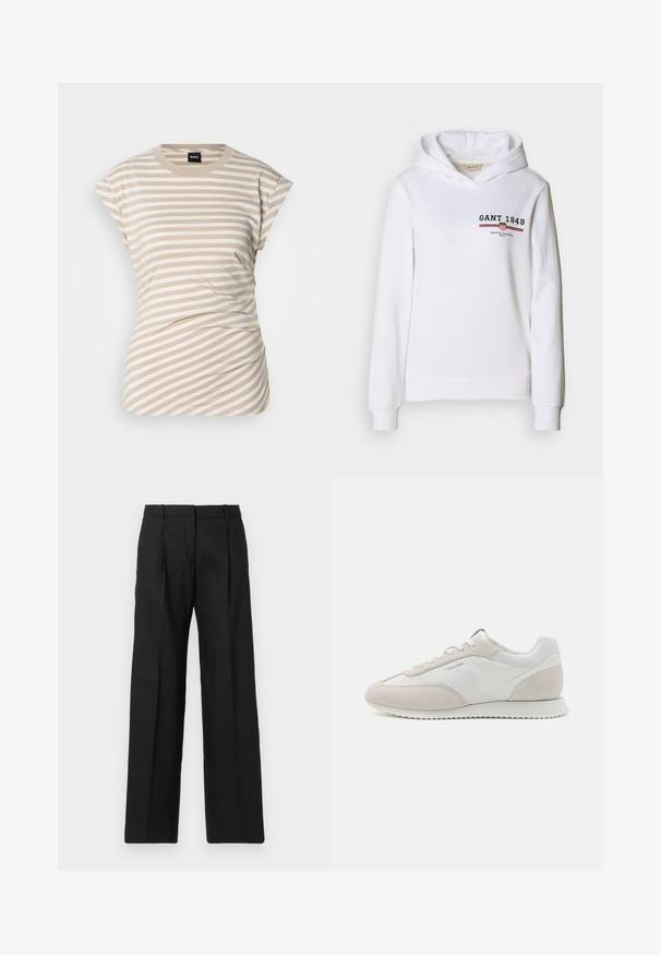 Sudadera blanca de tejido suave, con un logo en el frente que dice "GANT 1949" y acentos en rojo y azul a rayas, con mangas largas y capucha con cordón.; Camiseta de rayas beige y blanca con mangas cortas, cuello redondo y tela fruncida en el costado para darle textura y un mejor ajuste. Logo de la marca visible.; Pantalones negros ajustados con un diseño de pierna recta, que presentan pliegues marcados y una textura suave. Confeccionados en una tela ligera.; Zapatillas de color claro que presentan una combinación de cuero blanco y ante beige, con una suela texturizada y un branding mínimo en el lateral.