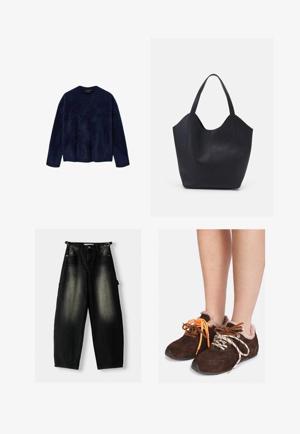 Meriharmaa, teksturoitu villapaita, joka on valmistettu pehmeästä kankaasta. Sen ominaisuuksiin kuuluu pyöreä kaula-aukko ja pitkät hihat, sekä rento, väljä istuvuus. Ei näkyviä koristeita.; Löysät mustat farkut, joissa on haalistunut pinta, viisi taskua ja lenkki vyötäröllä. Muotoilu on rento ja suorat lahkeet.; Ruskeasudet kengät, joissa on turkisvuori, käytetään paljain jaloin, ja niissä on epäsymmetriset kengännauhat: toinen oranssi ja toinen valkoinen mustilla raidoilla.; Mustat kangaskassit, jotka on valmistettu sileästä nahasta, jossa on kaareva, avoin yläosa, kaksi olkahihnaa ja minimalistinen muotoilu.