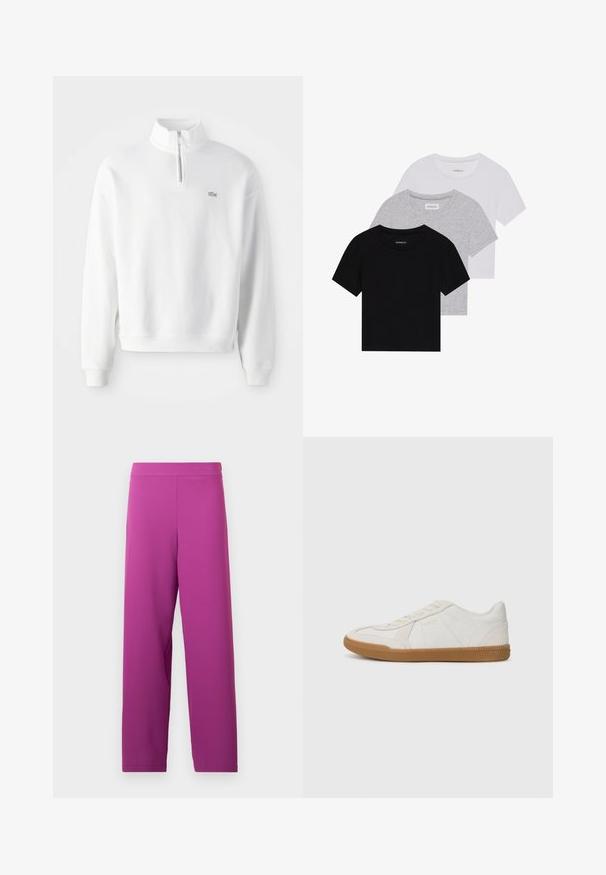 Witte sweatshirt met halve ritssluiting, lange mouwen en geribde manchetten. Heeft een klein logo op de borst en een ontspannen pasvorm.; Set van drie korte mouwen t-shirts in zwart, grijs en wit. Gemaakt van katoen, met een ronde hals en een eenvoudig, effen kleurontwerp.; Paarse wijde broek gemaakt van zachte, rekbare stof. Voorzien van een hoge tailleband en zonder zichtbare hardware of patronen.; Witte sneaker met een leren bovenwerk met textuur en een rubberen gumzool. Kenmerken zijn onder andere een vetersluiting en subtiele merkdetails aan de zijkant.