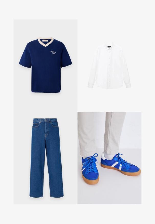 Navy blue short-sleeve knit shirt with cream V-neck trim and "Originals Club" embroidered on left chest.; White long-sleeve dress shirt with a button-down collar, front buttons, straight hem, and soft cotton fabric. Minimalist design without patterns.; Wide-leg blue jeans made of denim, featuring a high waist, five-pocket design, and contrast stitching along the seams and pockets.; Jack & Jones JFWMORDEN - Trainers - imperial blue