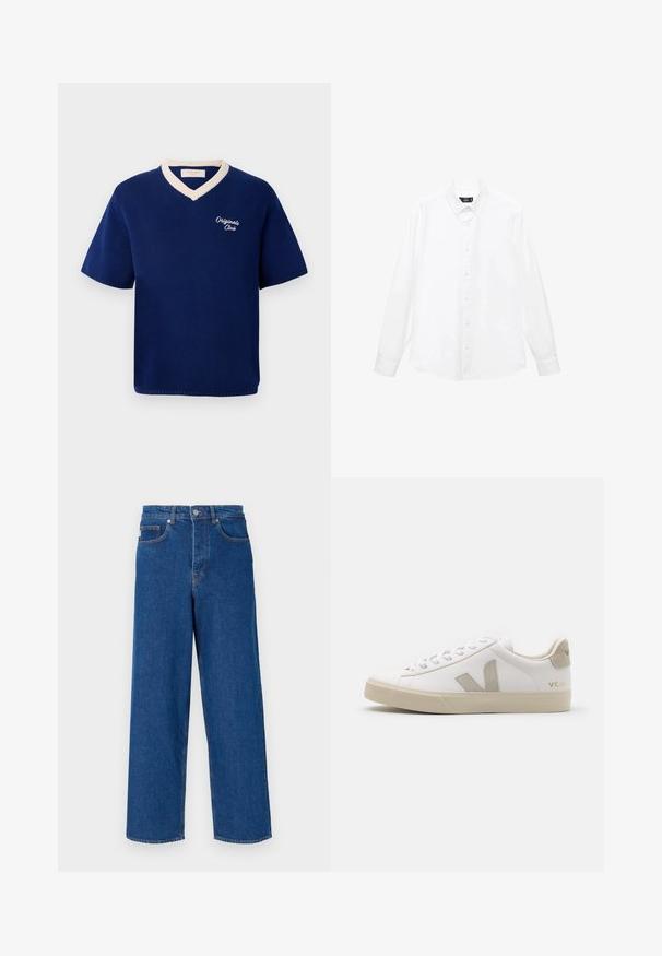 Cămașă tricotată din bumbac cu mânecă scurtă, de culoare bleumarin, cu margine V de nuanță crem și inscripția "Originals Club" brodată pe pieptul stâng.; Cămașă albă cu mânecă lungă, guler cu nasturi, nasturi în față, tiv drept și material din bumbac moale. Design minimalist fără modele.; Jeans evazate de culoare albastră din denim, având talie înaltă, design cu cinci buzunare și cusături în contrast pe cusături și buzunare.; Adidași din piele albă cu accente bej, talpă din cauciuc plat, vârf rotund și logo contrastant pe lateral și pe spate. Design cu șireturi.
