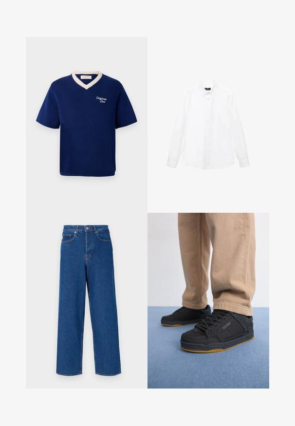 Chemise en tricot à manches courtes bleu marine avec des bords en V crème et "Originals Club" brodé sur la poitrine gauche.; Chemise d'homme blanche à manches longues avec un col boutonné, des boutons à l'avant, un ourlet droit et un tissu en coton doux. Design minimaliste sans motifs.; Jean bleu large en denim, avec une taille haute, une conception à cinq poches et des coutures contrastées le long des coutures et des poches.; Chaussures de skate noires avec une tige synthétique texturée, une semelle rembourrée, des lacets gris et une semelle extérieure en caoutchouc gomme. Portées avec un pantalon beige clair.