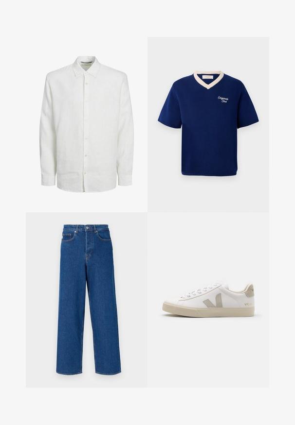 Navyblauwe trui met korte mouwen van tricot met crème V-halsrand en "Originals Club" geborduurd op de linkerborst.; Witte lange mouwen shirt van linnen, met een knoopsluiting aan de voorkant, klassieke kraag en subtiele textuur. De mouwen eindigen bij de pols met knoopmanchetten.; Wijde blauwe jeans gemaakt van denim, met een hoge taille, een vijf-pocket ontwerp en contrasterende stiksels langs de naden en zakken.; Witte leren sneaker met beige accenten, platte rubberen zool, ronde neus en contrasterend logo aan de zijkant en achterkant. Vetersluiting.