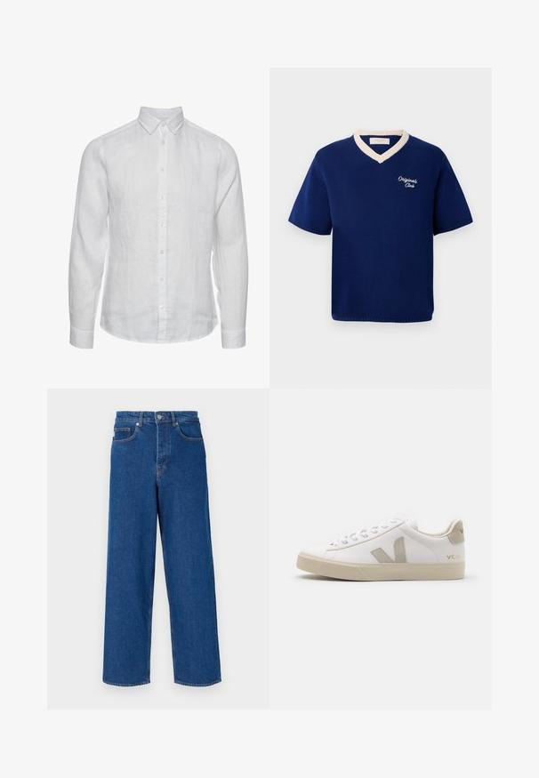 Námornícky modrá pletená košeľa s krátkym rukávom a krémovým V-čkovým výstrihom, s vyšitou značkou "Originals Club" na ľavej strane hrude.; Biela ľanová košeľa s dlhým rukávom a golierom na gombíky, predným zapínaním na gombíky a jemnou textúrovanou povrchovou úpravou. Žiadne viditeľné vzory ani akcenty.; Široké modré džínsy vyrobené z denimu, s vysokým pásom, piatimi vreckami a kontrastným prešívaním pozdĺž švov a vreciek.; Biele kožené tenisky s béžovými akcentmi, plochá gumová podrážka, okrúly špička a kontrastné logo na boku a zadnej časti. S viazaním.