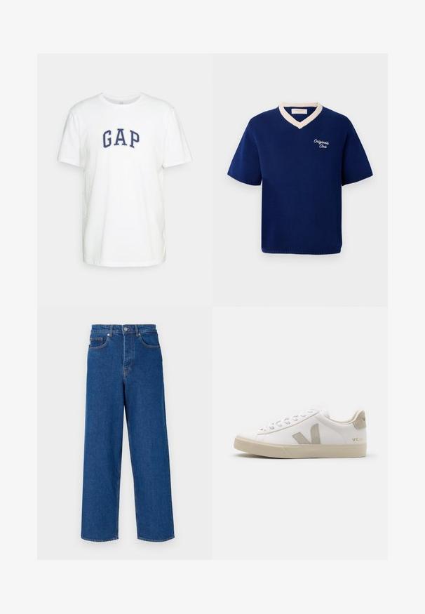 Tumši zilā īsām piedurknēm adīta krekls ar krēmkrāsas V veida apdari un izšūtu uzrakstu "Originals Club" kreisajā krūtī.; GAP NEW ARCH - Apdrukāts T-krekls - optic white; Plati zili džinsi no denima, ar augstu jostasvietu, piecu kabatu dizainu un kontrastējošu šuvumu gar šuvēm un kabatām.; Bald Whites ādas tenisi ar bezgaismu akcentiem, plakanu gumijas zoli, apaļu purngali un kontrastējošu logo sānos un aizmugurē. Saistēta dizaina.