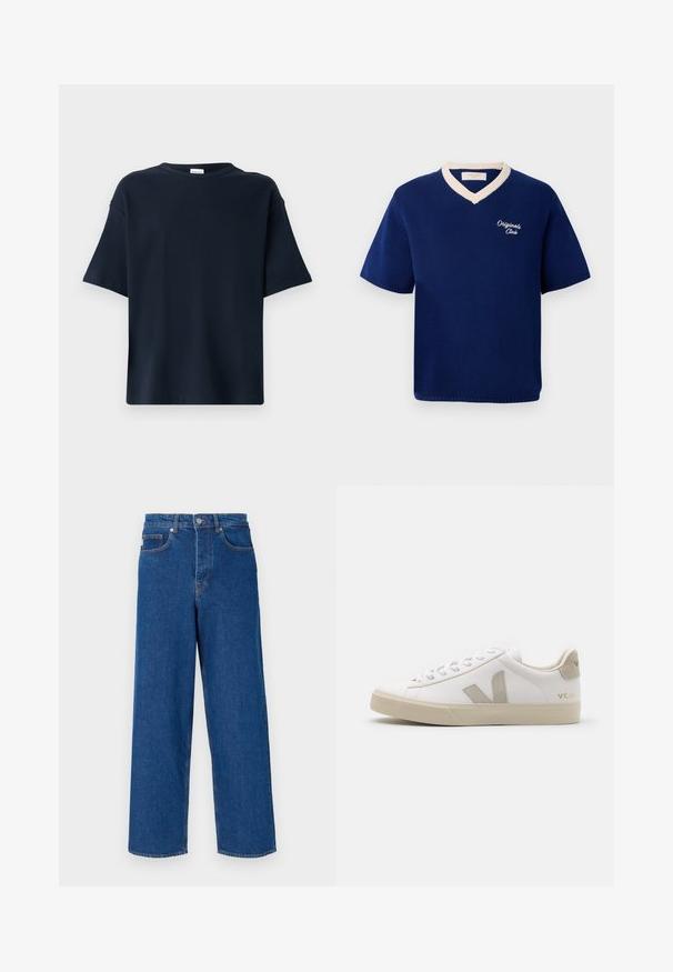 Námornícky modrá pletená košeľa s krátkym rukávom a krémovým V-čkovým výstrihom, s vyšitou značkou "Originals Club" na ľavej strane hrude.; Námornícky modré tričko s krátkym rukávom vyrobené z hladkej látky, so klasickým okrúhlym výstrihom a voľným strihom bez akýchkoľvek ďalších detailov alebo vzorov.; Biela košeľa s dlhým rukávom, s golierom na gombíky, prednými gombíkmi, rovnym lemom a mäkkou bavlnenou tkaninou. Minimalistický dizajn bez vzorov.; Široké modré džínsy vyrobené z denimu, s vysokým pásom, piatimi vreckami a kontrastným prešívaním pozdĺž švov a vreciek.; Biele kožené tenisky s béžovými akcentmi, plochá gumová podrážka, okrúly špička a kontrastné logo na boku a zadnej časti. S viazaním.