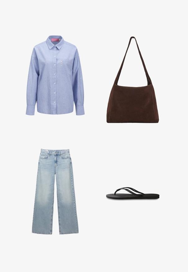 Röd stickad tröja med rund halsringning, ribbad textur och långa ärmar. Har en avslappnad passform och en kortad fåll. Etiketter synliga inuti.; Ljusblå skjorta med knappar och vertikala vita och röda ränder, långa ärmar och en enda bröstficka; tillverkad av texturerat tyg.; Ljusblå, vida jeans i denim. Har fem fickor, bältesöglor och en knappstängning. Tvnad tvätt med subtila slitningar.; Svart flip-flop med en texturerad gummisula, två slanka remmar och en subtil, präglad logodetalj på remmen.; Brun mockaskinnsaxelväska med en avslappnad form, en bred rem och enkel design. Har synliga stygn längs kanterna.