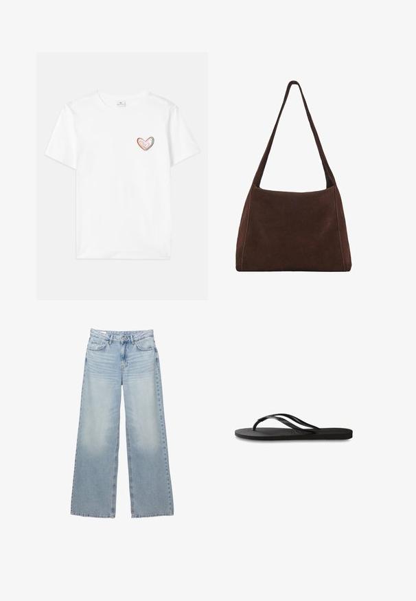 Roter gestrickter Pullover mit rundem Ausschnitt, geripptem Textur und langen Ärmeln. Mit lockerer Passform und gekürztem Saum. Etiketten sichtbar im Inneren.; Weißes Baumwoll-T-Shirt mit einem mehrfarbigen Herzdesign auf der linken Brust. Kurze Ärmel und klassischer Rundhalsausschnitt.; Hellblaues Button-Down-Hemd mit vertikalen weißen und roten Streifen, langen Ärmeln und einer einzelnen Brusttasche; aus strukturiertem Stoff.; Helleblaue, weit geschnittene Jeans aus Denim. Verfügt über fünf Taschen, Gürtelschlaufen und einen Knopfverschluss. Ausgebleichte Waschung mit dezenten Wischspuren.; Schwarze Flip-Flops mit einer strukturierten Gummisohle, zwei schlanken Riemen und einem dezenten, geprägten Logo-Detail auf dem Riemen.; Braune Wildleder-Umhängetasche mit einem lässigen Schnitt, einem breiten Trageriemen und einem schlichten Design. Zeigt sichtbare Nähte entlang der Kanten.