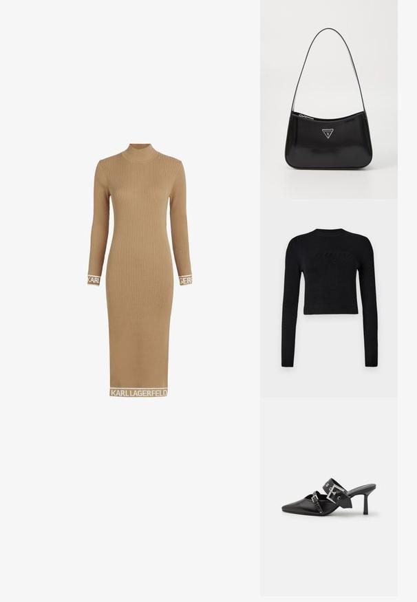 Melna garām piedurknēm izgriezta džemperis ar ribotām piedurknēm un apakšmalu, ar smalku izcilu logotipu krūšu daļā.; Ribota, garām piedurknēm, kleita kamieļu krāsā ar augstu apkakli. Ar logo akcentiem pie piedurknēm un apakšmalas. Izgatavota no elastīgas adīta materiāla.; Melnas augstpapēžu mūles ar norādītu purngalu, izgatavotas no gludas ādas. Iekļauj plašu potītes siksnu ar kvadrātveida sudraba sprādzi un kniedēm.; Melna lakota ādas plecu soma ar izliekta formu, kurai ir sudraba trīsstūra logs un rāvējslēdzēja aizdare. Gluda tekstūra un šaurs siksna.