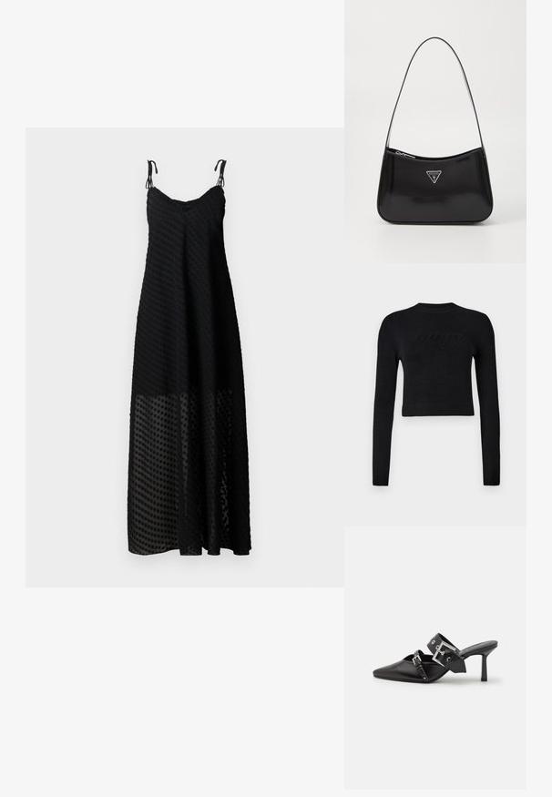 Must have mustar hihaga ja pahemise õlapaeltega pime pikkade varrukatega lõigatud sviiter, millel on rinna peal diskreetne kõrgendatud logo.; Musthave mustra maxi kleit spagetike käistega, millel on tekstureeritud täpikate mustriga ja läbipaistev alumine paneel. Kerge kangas, vabalt langev lõige.; Mustad mustad kõrged kontsad, terava toe ja siledast nahast. Omab laia pahkluu rihma ruudukujulise hõbedase klambri ja nurgakujuliste naeltega.; Must küllastatud nahast õlakott, millel on kumer kuju, hõbedase kolmnurkse logo ja tõmblukuga sulgemine. Sile tekstuur ja õhuke rihm.