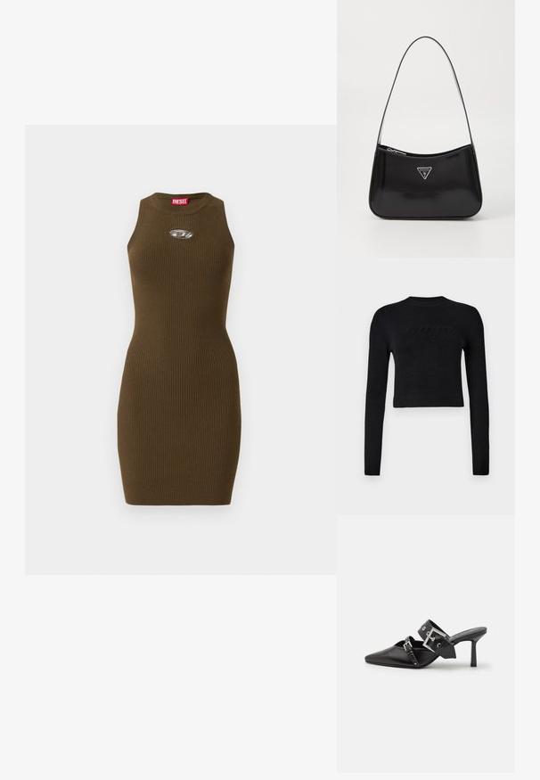 Čierny krátky sveter s dlhým rukávom, so zúženými manžetami a lemom, ktorý má jemné zvýšené logo na hrudi.; Bezrukávové hnedé úpletové šaty s rebrovaným vzorom, okrúhlym výstrihom, priliehavým strihom, oválnym kovovým logom na hrudi a červenou značkovou etikettou vo vnútri goliera.; Čierne vysoké podpätky mule so špicatou špičkou, vyrobené z hladkej kože. Obsahujú široký členkový remienok so štvrcovým strieborným sponom a cvokmi.; Čierna lesklá kožená taška na rameno s zakriveným tvarom, s farebným strieborným trojuholníkovým logom a zipsom. Hladký povrch a úzky popruh.
