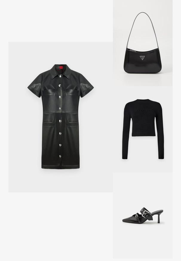 Must have mustar hihaga ja pahemise õlapaeltega pime pikkade varrukatega lõigatud sviiter, millel on rinna peal diskreetne kõrgendatud logo.; Must mustast kõrge kaelusega kleit lühikeste varrukatega, nupuvajutusega ees ja kahe rinnakotiga. Omab hõbedasi detaile ja sileda tekstuuri.; Mustad mustad kõrged kontsad, terava toe ja siledast nahast. Omab laia pahkluu rihma ruudukujulise hõbedase klambri ja nurgakujuliste naeltega.; Must küllastatud nahast õlakott, millel on kumer kuju, hõbedase kolmnurkse logo ja tõmblukuga sulgemine. Sile tekstuur ja õhuke rihm.