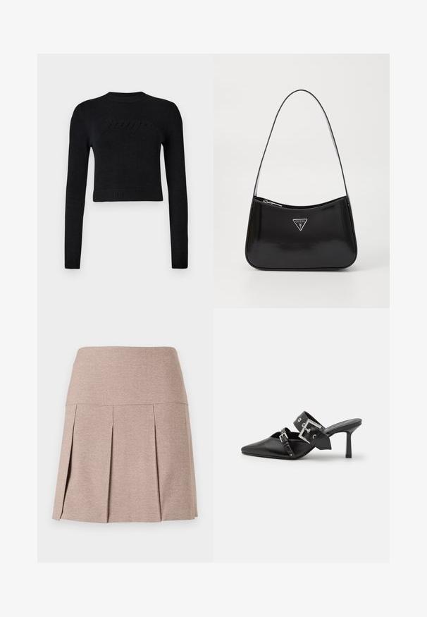 Sudadera corta negra de manga larga con puños y dobladillo acanalados, que presenta un sutil logo elevado en el pecho.; Falda con pliegues en una suave tela beige con una cinturilla lisa, que cuenta con un material texturizado y ligero y un dobladillo recto.; Mules de tacón alto negros con puntera afilada, elaborados en cuero suave. Cuentan con una amplia correa para el tobillo con una hebilla cuadrada de plata y tachuelas.; Bolso de hombro de charol negro con forma curva, que presenta un logotipo triangular plateado y un cierre de cremallera. Textura suave y correa delgada.