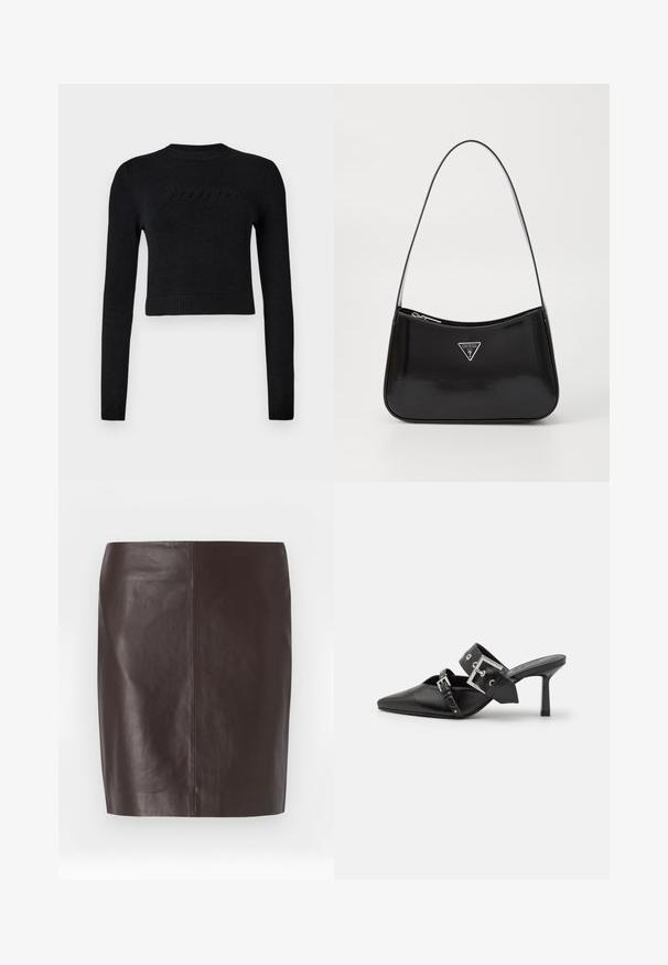 Schwarzer, langärmeliger, cropped Pullover mit gerippten Bündchen und Saum, der ein dezentes, erhabenes Logo auf der Brust zeigt.; Brauner Lederrock mit geradem Schnitt, glatter Textur und minimalen Nähten. Mit einem mittellangen Design ohne Verz decorationen.; Schwarze High-Heel-Mules mit spitzem Zeh aus glattem Leder. Mit einem breiten Knöchelriemen, der eine quadratische silberne Schnalle und Nieten aufweist.; Schwarze patentierte Leder-Schultertasche mit geschwungener Form, ausgestattet mit einem silbernen Dreieckslogo und einem Reißverschluss. Glatte Textur und schmaler Riemen.