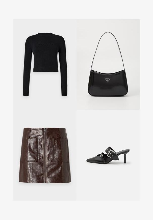 Zwarte langwerpige cropped sweater met ribgebreide manchetten en zoom, voorzien van een subtiel verhoogd logo op de borst.; Korte rok van bruin faux leer met een rits aan de voorkant, twee grote voorzakken en een gladde, glanzende textuur.; Zwarte hoge hakken mules met een puntige neus, gemaakt van soepel leer. Heeft een brede enkelriem met een vierkante zilveren gesp en studs.; Zwarte lakleren schoudertas met een gebogen vorm, voorzien van een zilveren driehoeklogo en een ritssluiting. Gladde textuur en slanke schouderband.
