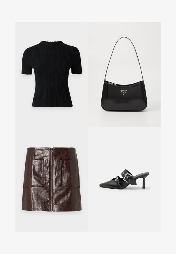 Melna garām piedurknēm izgriezta džemperis ar ribotām piedurknēm un apakšmalu, ar smalku izcilu logotipu krūšu daļā.; Melnā ribota īso piedurkņu topa ar augstu apkakli. Iezīmē teksturētu audumu un pieguļošu siluetu, piedāvājot ikdienišķas un daudzveidīgas stilizācijas iespējas.; Brūna mākslīgā āda mini svārki ar priekšējo rāvējslēdzēju, divām lielām priekšējām kabatām un gludu, spīdīgu tekstūru.; Melnas augstpapēžu mūles ar norādītu purngalu, izgatavotas no gludas ādas. Iekļauj plašu potītes siksnu ar kvadrātveida sudraba sprādzi un kniedēm.; Melna lakota ādas plecu soma ar izliekta formu, kurai ir sudraba trīsstūra logs un rāvējslēdzēja aizdare. Gluda tekstūra un šaurs siksna.