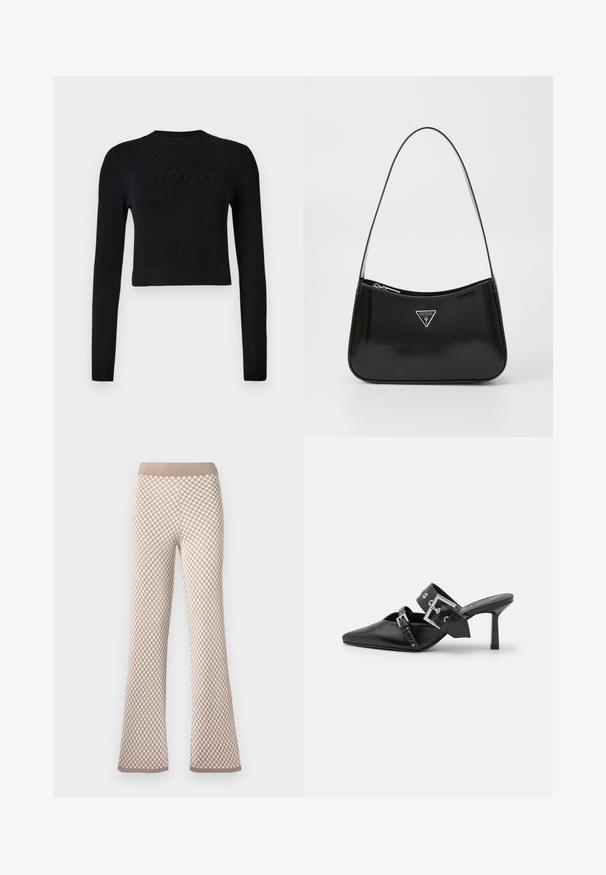 Melna garām piedurknēm izgriezta džemperis ar ribotām piedurknēm un apakšmalu, ar smalku izcilu logotipu krūšu daļā.; Biege un baltas šahveidīgas mezgšanas bikses ar elastīgu jostasvietu un vieglu paplašinājumu pie potītēm uz baltā fona.; Melnas augstpapēžu mūles ar norādītu purngalu, izgatavotas no gludas ādas. Iekļauj plašu potītes siksnu ar kvadrātveida sudraba sprādzi un kniedēm.; Melna lakota ādas plecu soma ar izliekta formu, kurai ir sudraba trīsstūra logs un rāvējslēdzēja aizdare. Gluda tekstūra un šaurs siksna.