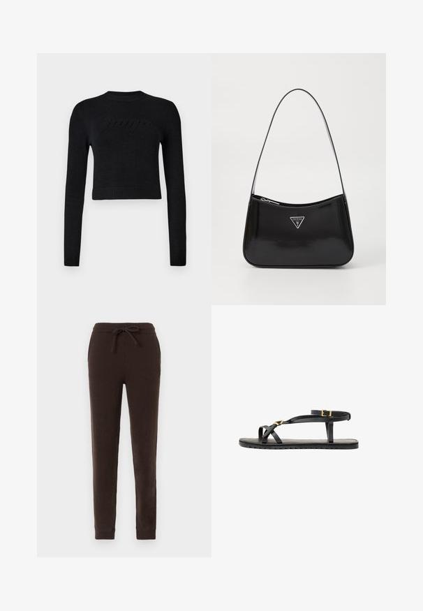 Sweater cropped preto de mangas longas com punhos e barra canelados, apresentando um discreto logotipo em relevo no peito.; Calças de fato de treino castanhas, feitas de um tecido macio e texturizado. Apresentam uma cintura elástica com cordão de aperto e punhos com canelado nos tornozelos.; Sandálias de couro pretas com tiras finas e uma faixa no tornozelo com fivela. Sola plana com um acabamento texturizado e borda em zigzag. Design minimalista.; Bolsa de ombro em pele sintética preta com forma curva, apresentando um logótipo triangular prateado e fecho de zíper. Textura suave e alça fina.