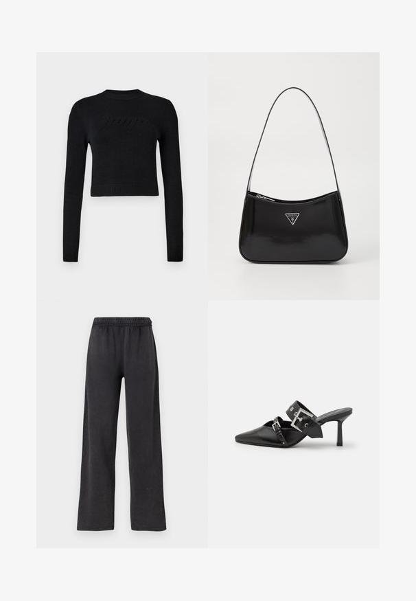 Črn dolg rokav skrajšan pulover z rebrastimi manšetami in robom, ki ima diskretno dvignjen logotip čez prsa.; Črne široke hlače z elastiko v pasu, izdelane iz mehkega blaga. Gladka tekstura z ohlapnim krojem in brez vidnih žepov ali dodatkov.; Črne visoke mule s koničastim prstom, izdelane iz gladkega usnja. Imajo širok gleženjski trak s kvadratno srebrno zaponko in okraski.; Črna patentirana usnjena torba za ramo s krožno obliko, opremljena s srebrnim trikotnim logotipom in zadrgo. Gladka tekstura in ozka naramnica.