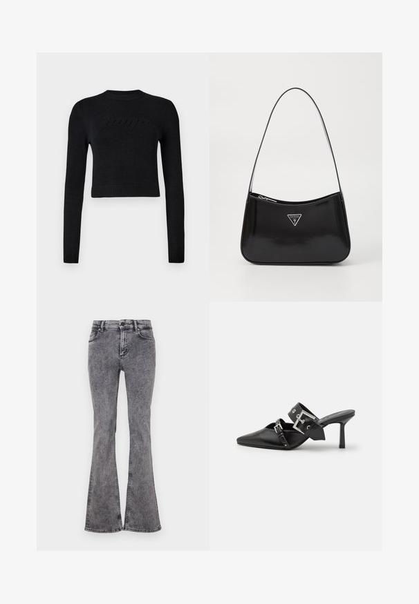 Melna garām piedurknēm izgriezta džemperis ar ribotām piedurknēm un apakšmalu, ar smalku izcilu logotipu krūšu daļā.; Izplūdušas melnas džinsus no denima ar izbalējušu mazgāšanu, kas aprīkoti ar piecām kabatām, rāvējslēdzēju un kontrastējošām šuvēm.; Melnas augstpapēžu mūles ar norādītu purngalu, izgatavotas no gludas ādas. Iekļauj plašu potītes siksnu ar kvadrātveida sudraba sprādzi un kniedēm.; Melna lakota ādas plecu soma ar izliekta formu, kurai ir sudraba trīsstūra logs un rāvējslēdzēja aizdare. Gluda tekstūra un šaurs siksna.