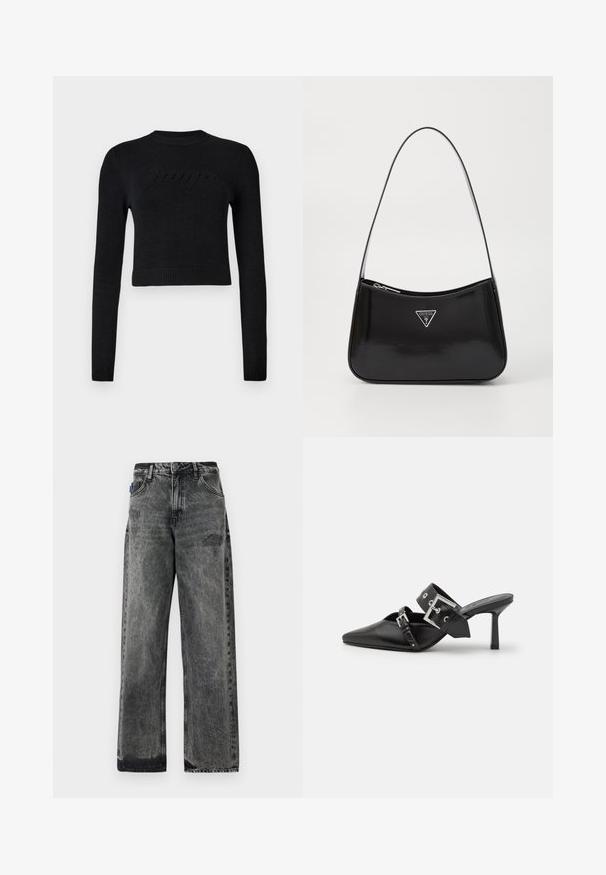 Mustahdan pitkähihaine cropped villapaita mustana, jossa on ribbitut hihansuut ja helma, ja jossa on hienovarainen kohopainatus rinnassa.; Mustat farkut leveällä lahkeella, joissa on haalistunut pesu, kulutettu yksityiskohtia edessä ja tavanomainen viiden taskun muotoilu.; Musta korkeakorkoiset mokkasiinit, joissa on terävä kärki ja sileä nahka. Varustettu leveällä nilkkahihnalla, jossa on neliönmuotoinen hopea solki ja niittejä.; Mustan lakatun nahka olkalaukku kaarevalla muodolla, jossa on hopeinen kolmion logo ja vetoketjusuljenta. Tasainen pinta ja kapea hihna.