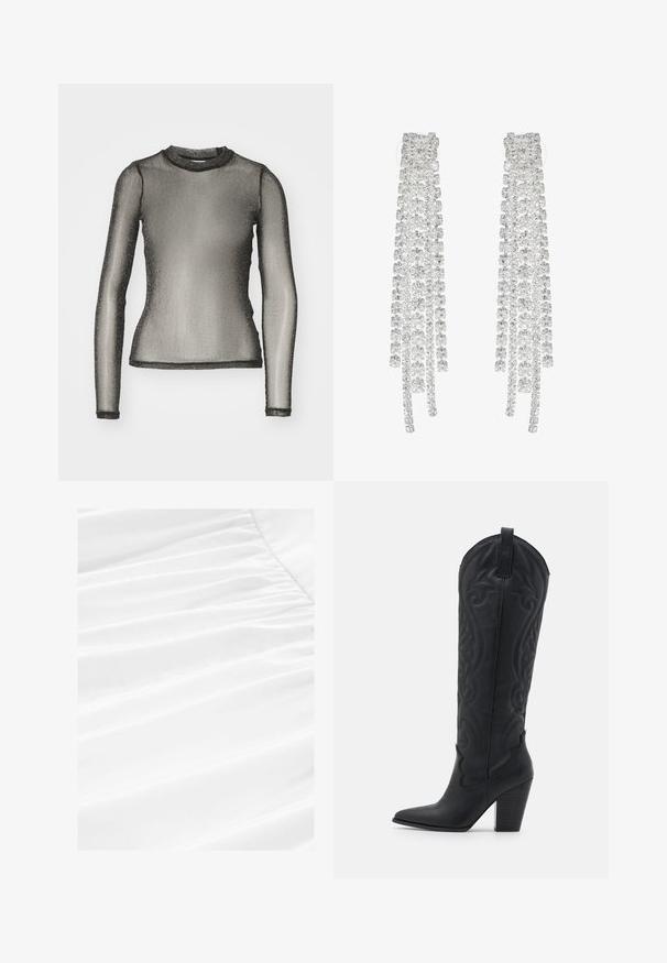 Beige värvitud kootud lühike sviiter, millel on laineline äär, kellukese varrukad ja tekstuuriga kühvelduse muster üle kogu eseme.; Noisy May NMSHIMMY - Pikkade varrukatega topp - black/silver-coloured; Valge kangas pehme voolamise ja volditud tekstuuriga, millel on sile ja kerge materjal puhta ja terava esitlemisega.; Zign Kauboi-/mootorrattasaapad - black; Pikad hõbedased kõrvarõngad, millel on rida selgeid, facettide lõikega kristalle kaskaadsetes lõngades, millel on erinevad pikkused ja kujundid.