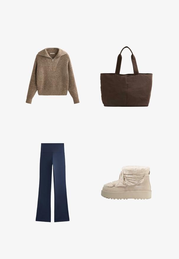 Pullover mit halbem Reißverschluss am Kragen, strukturiertem braunem Strick, gerippten Bündchen und Saum, mit einem gemütlichen, oversized Schnitt und V-Ausschnitt.; Navyblaue ausgestellte Hose aus dehnbarem Stoff; mit einem hohen, breiten Bund und glatter Textur ohne Muster oder sichtbare Hardware.; Beige, mit Fell gefütterter Knöchelstiefel mit Wildlederaußenmaterial, Schnürverschluss vorne und dicker Gummisohle mit strukturiertem Grip-Muster. Abgerundete Zehenform.; Braune Stofftragetasche mit zwei stabilen Griffen, rechteckiger Form, minimalen Nähten und glatter Textur.