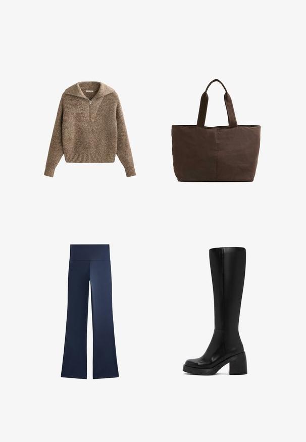 Sweter z półsuwnym kołnierzem, teksturowany brązowy splot, ściągacze przy rękawach i u dołu, o przytulnym, oversize'owym kroju i dekolcie w kształcie litery V.; Granatowe spódnice dzwony wykonane z elastycznego materiału; mają wysoki, szeroki pas i gładką fakturę, bez wzorów czy widocznych elementów hardware.; Czarne, sięgające do kolan, botki wykonane z gładkiej skóry, z grubym obcasem i zaokrąglonym noskiem. Szczegóły szwów biegną wzdłuż boku.; Brązowa torba materiałowa z dwoma mocnymi uchwytami, prostokątny kształt, minimalne detale w szyciu i gładka tekstura.